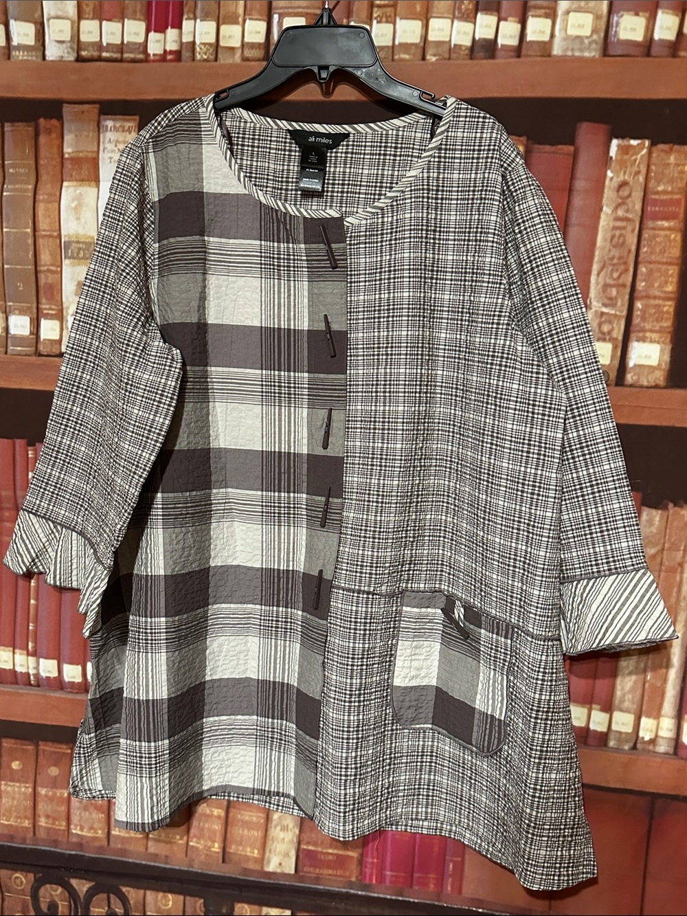 Ali Miles Plaid Patchwork Tunic Top L Asymmetrical Toggle Button Artsy Lagenlook
